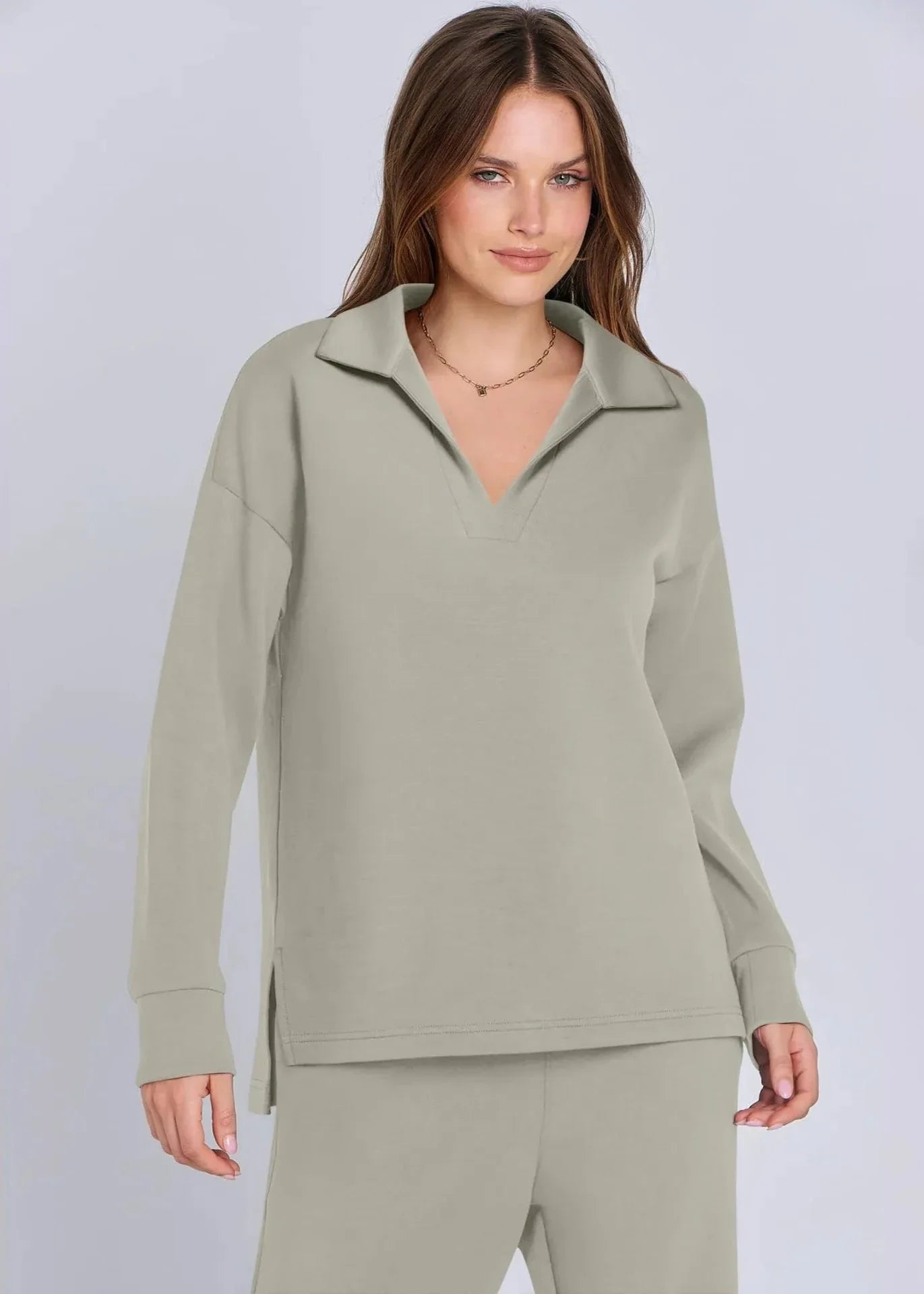 Relaxed Collar Pullover & Wide-Leg Pants Set