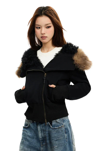 Fleece-Lined Hooded Fur-Collar Zip Short Jacket