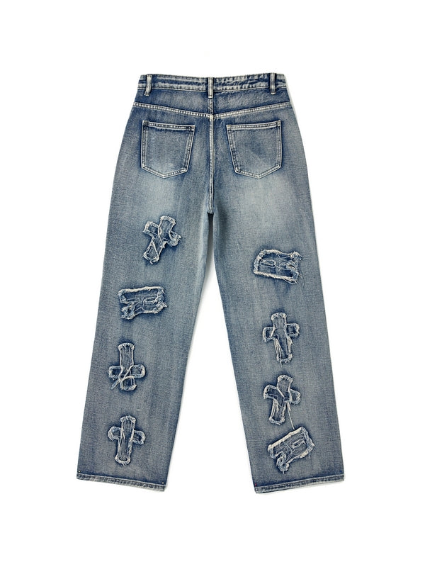 Letter Patch Faded Boyfriend Jeans
