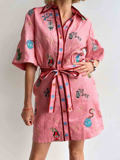 Casual Printed Shirt Collar Single-breasted Mini Dress