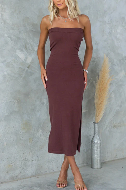 Strapless Tube Slit Ribbed Knit Midi Dress