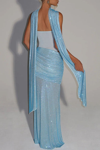 Sequin Sash Strapless Gown Dress