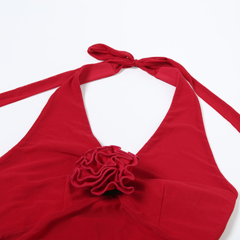 Halter self tie flower applique mesh maxi dress