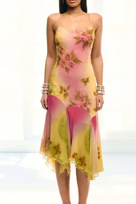 Floral Embroidered Spaghetti Strap Handkerchief Hem Midi Dress