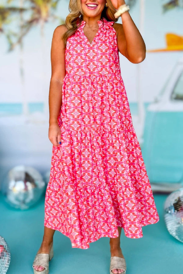 Sky Blue 60s Flower Split Neck Sleeveless Tiered Maxi Dress