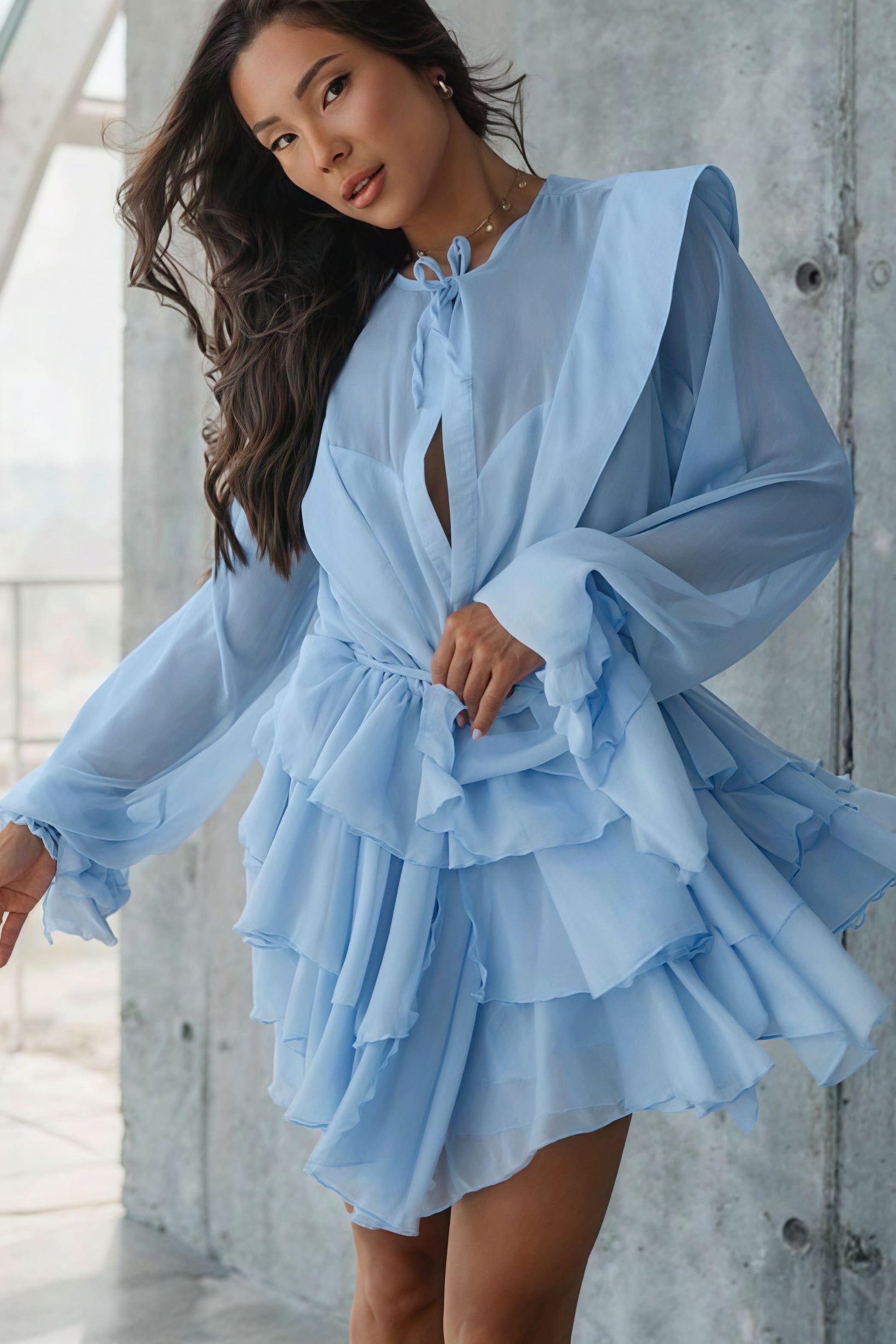 Tie Neck Sheer Mesh Bishop Sleeve Tiered Ruffle Mini Dress