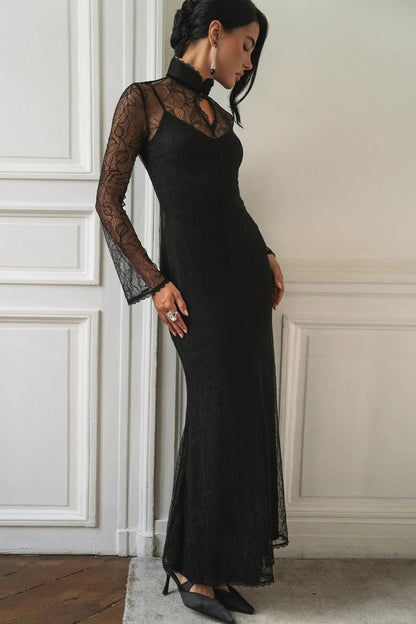 Sexy Lace Patchwork Fitted Cutout Maxi Dress