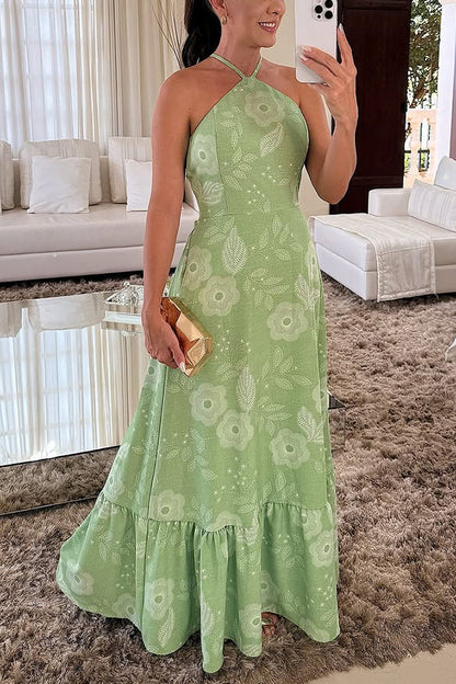 Leopard Print Sexy Halterneck Backless Lace-up Maxi Dress