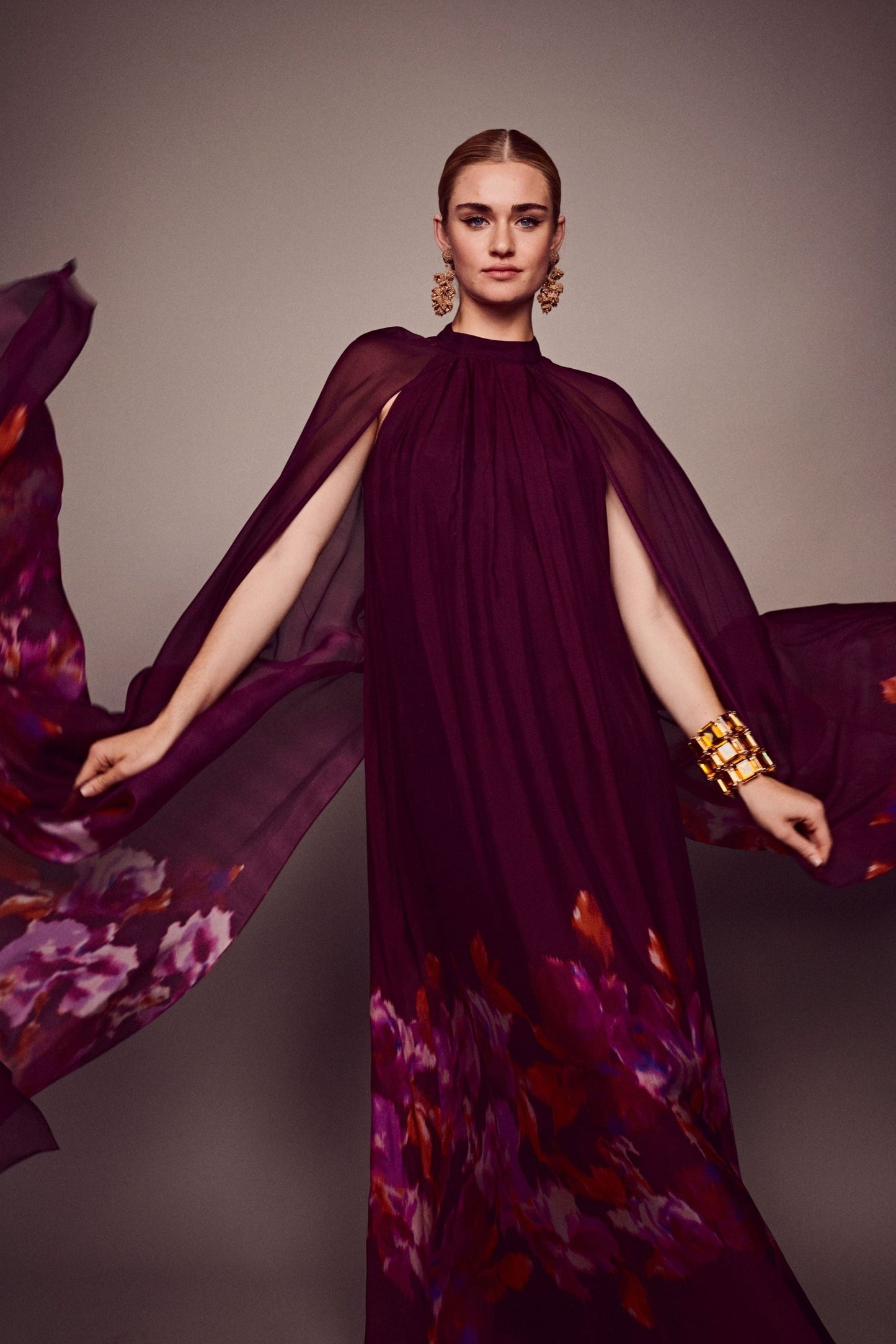 Sabrina Floral Printed Cape Sleeve Maxi Dress