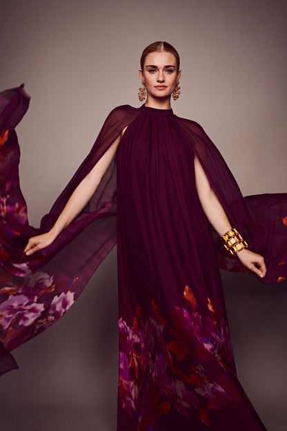 Sabrina Floral Printed Cape Sleeve Maxi Dress