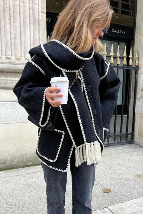 Scarf-Neckline Felt Woolen Coat