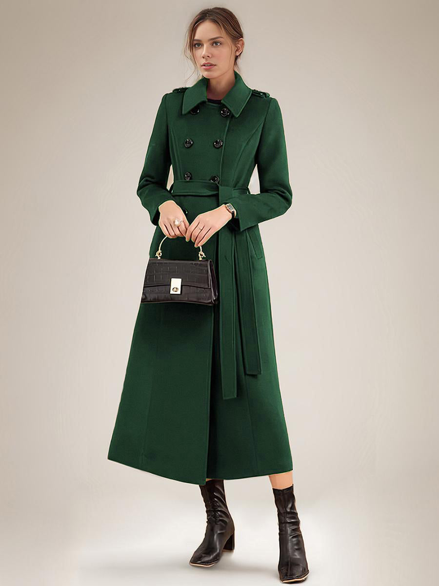 Long Wool Blend Coat For Women Burgundy Double-breasted Belted Turndown Collar Classic Winter Outerwear 2026
