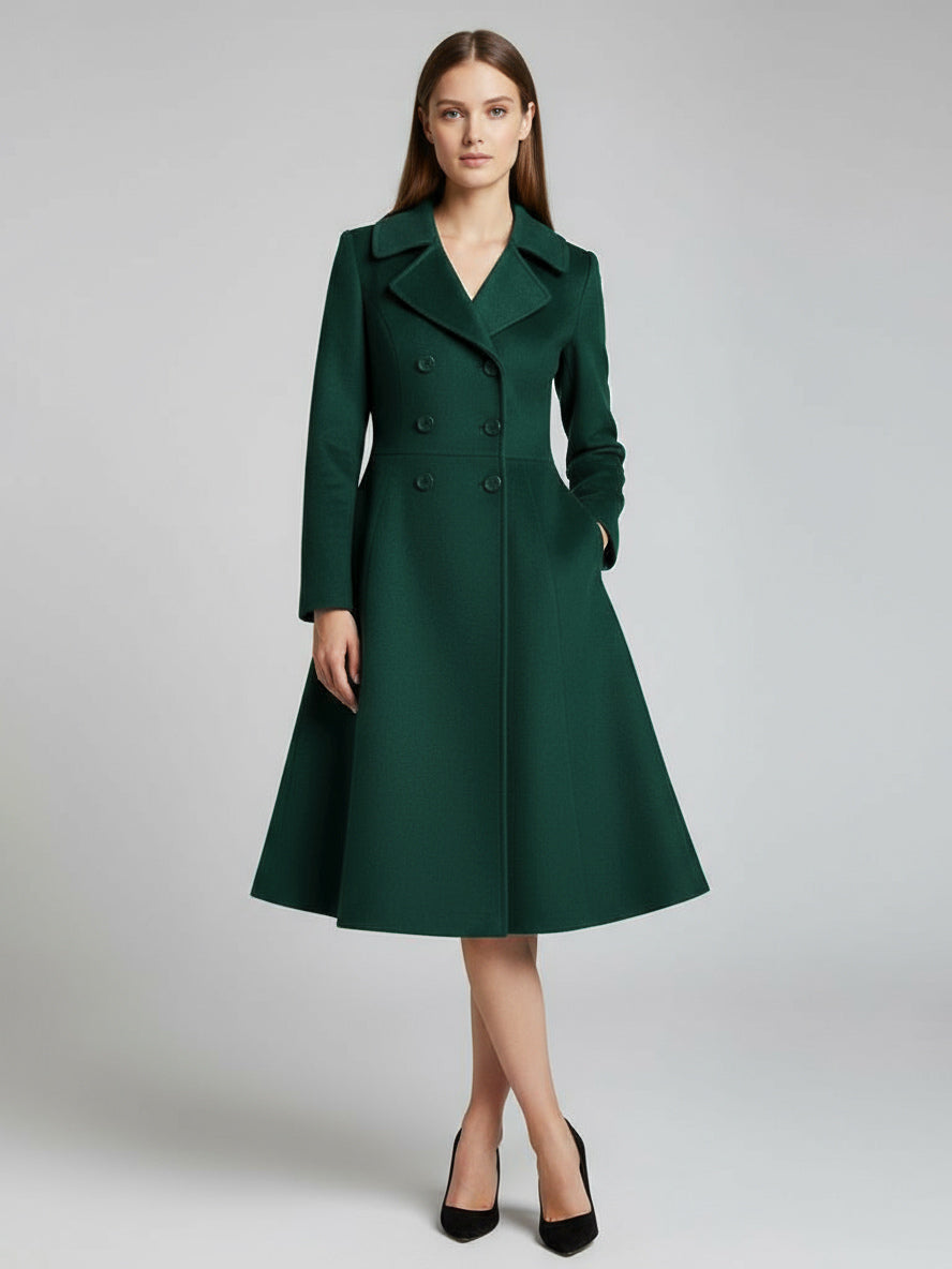 Double-Breasted Wool Blend Midi Coat With Flared A-Line Silhouette For Women 2026