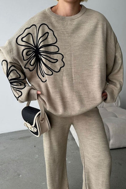 Casual Round Neck Knit Sweater with Pants Two Piece Pants Set