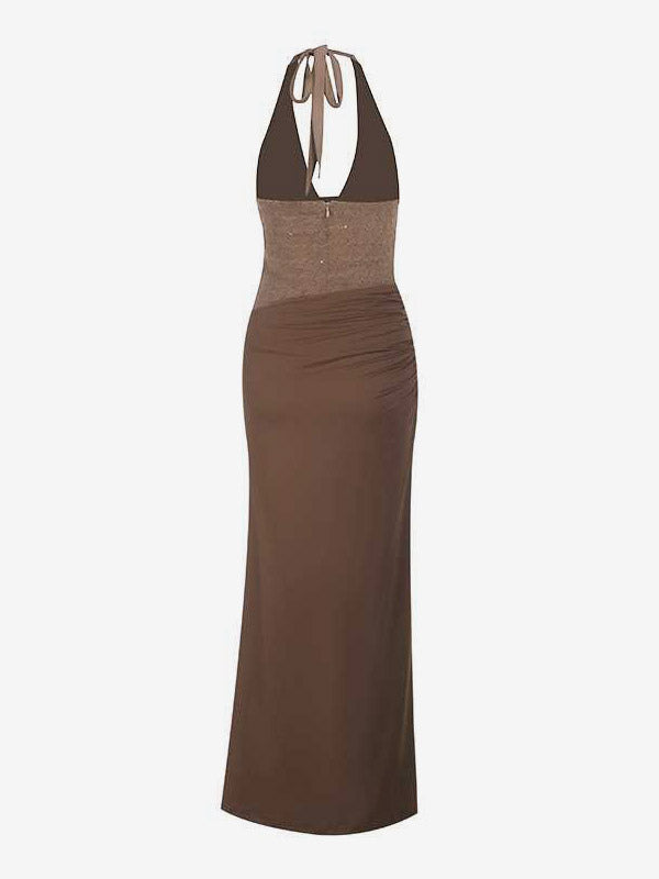 Burgundy Sequin Women Halter Maxi Dress - Elegant Ruched Bodycon Backless Mermaid Gown - Prom Party Outfit 2026