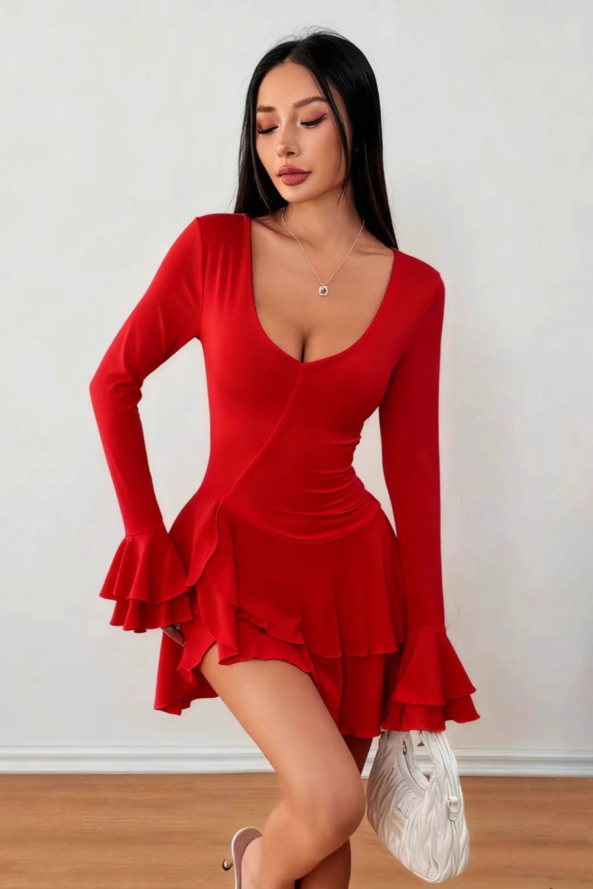 Scoop Neck Tiered Ruffle Cuff Draped Wrap Ruffle Hem Bodycon Mini Dress