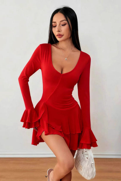 Scoop Neck Tiered Ruffle Cuff Draped Wrap Ruffle Hem Bodycon Mini Dress