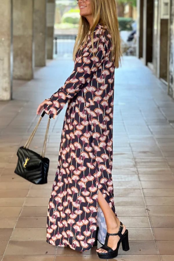 Women's Fashion Printed V Neck Long Sleeve Maxi Dress