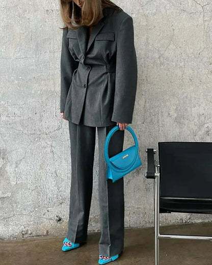 Gray Pockets Tunic Straight Trousers Office Two Piece Set