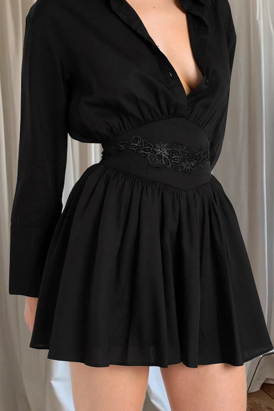 Collared Deep V-Neck Long Sleeve Embroidered Waist Fit and Flare Mini Dress