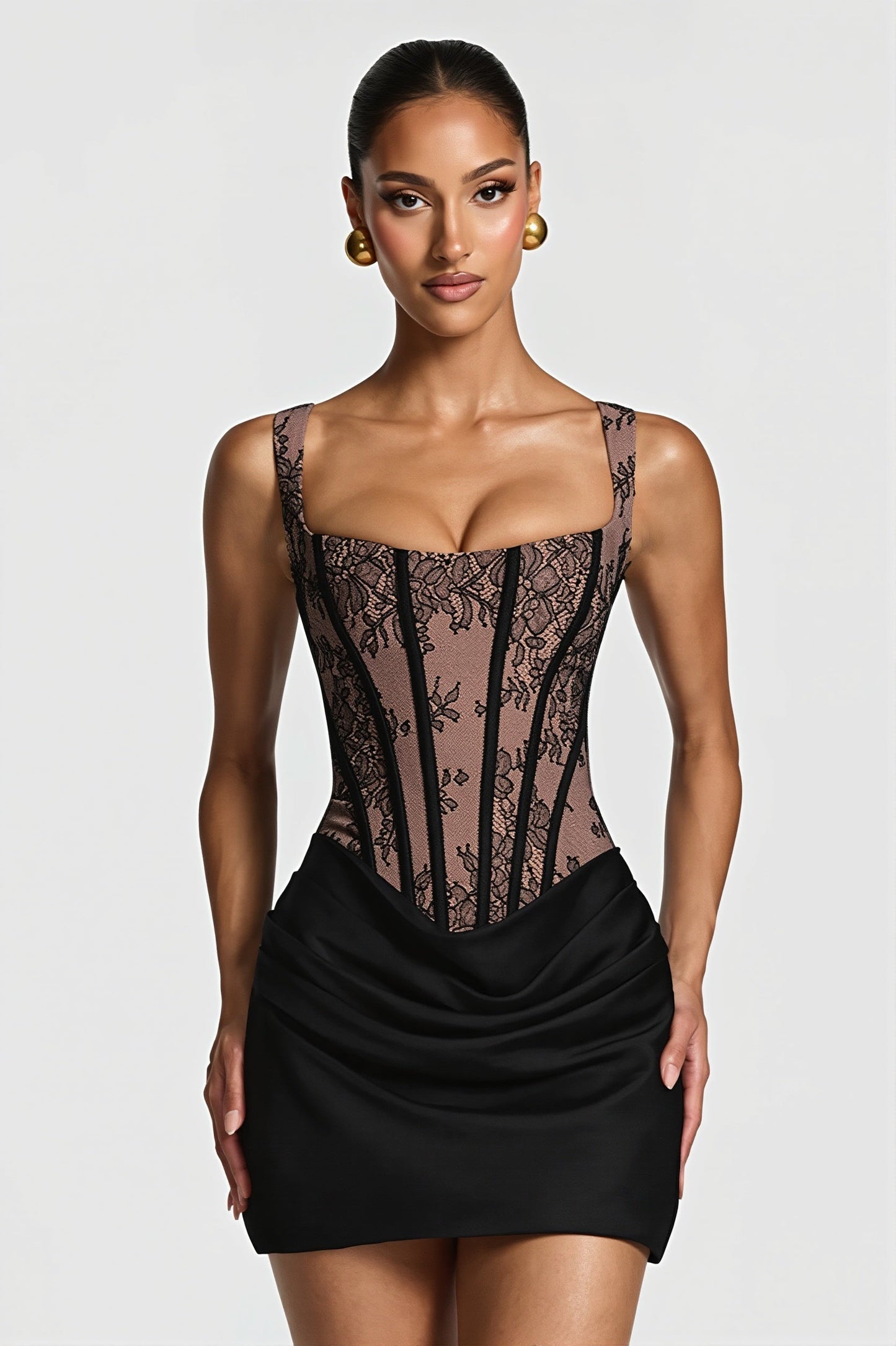 Floral Lace Corset Bodice Draped Satin Ruched Mini Dress
