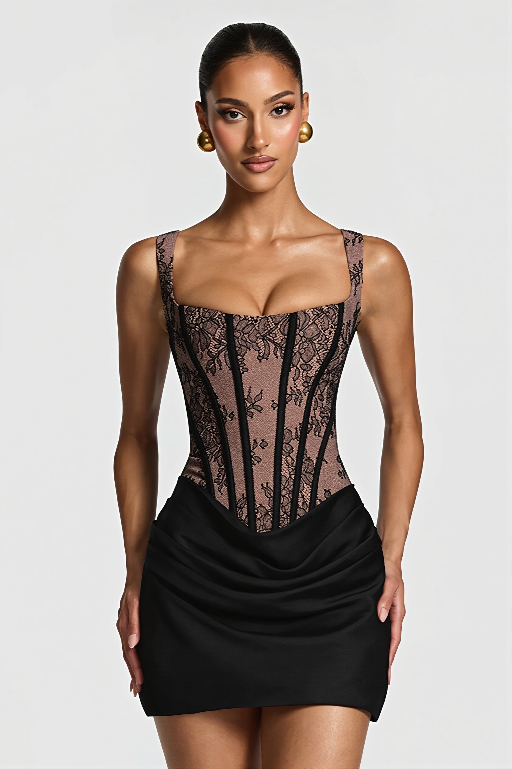Floral Lace Corset Bodice Draped Satin Ruched Mini Dress