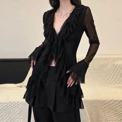 Deep-neck Long Sleeve Frill Blouse