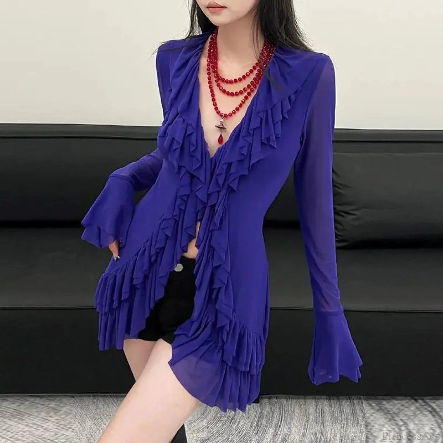 Deep-neck Long Sleeve Frill Blouse