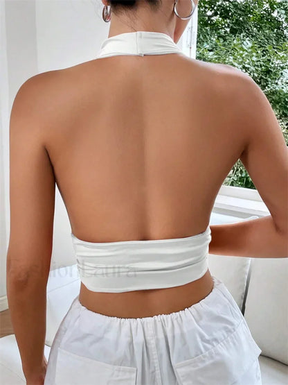 Deep V-Neck Halter Backless Solid Color Sexy Club Crop Top