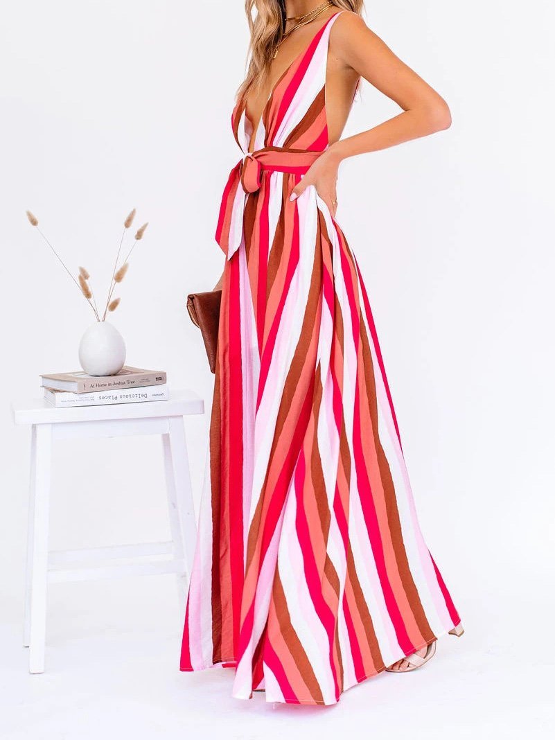 Striped Deep V Tie-Waist Suspender A-Line Maxi Dress
