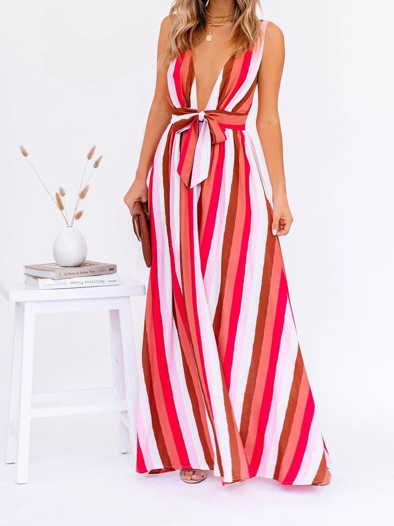 Striped Deep V Tie-Waist Suspender A-Line Maxi Dress