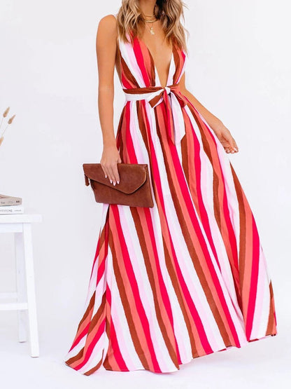 Striped Deep V Tie-Waist Suspender A-Line Maxi Dress
