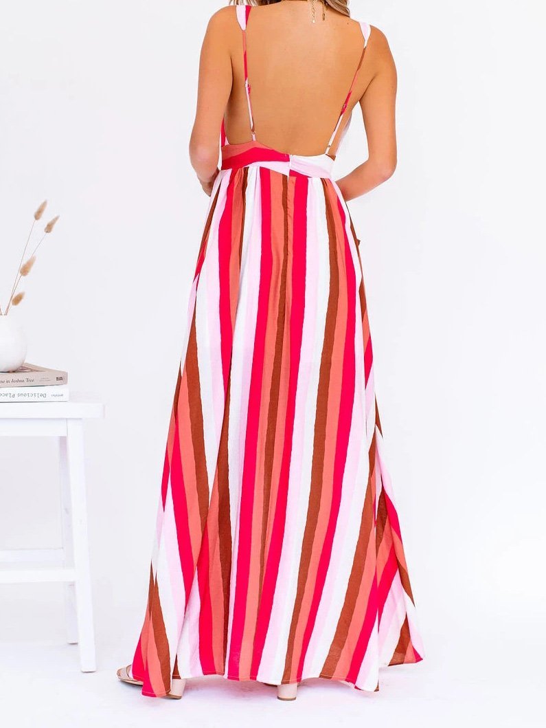 Striped Deep V Tie-Waist Suspender A-Line Maxi Dress