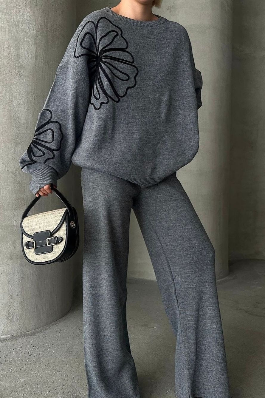 Casual Round Neck Knit Sweater with Pants Two Piece Pants Set
