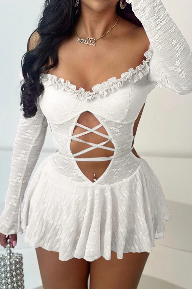 Lace Long Sleeve Ruffle Trim Cutout Lace-Up Crisscross Hem Mini Dress
