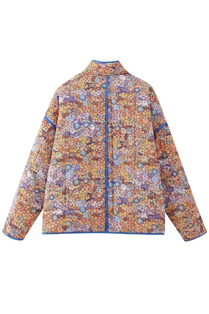 Printed Colorblock Large Pocket Stand Collar Quilted Cotton Jacket