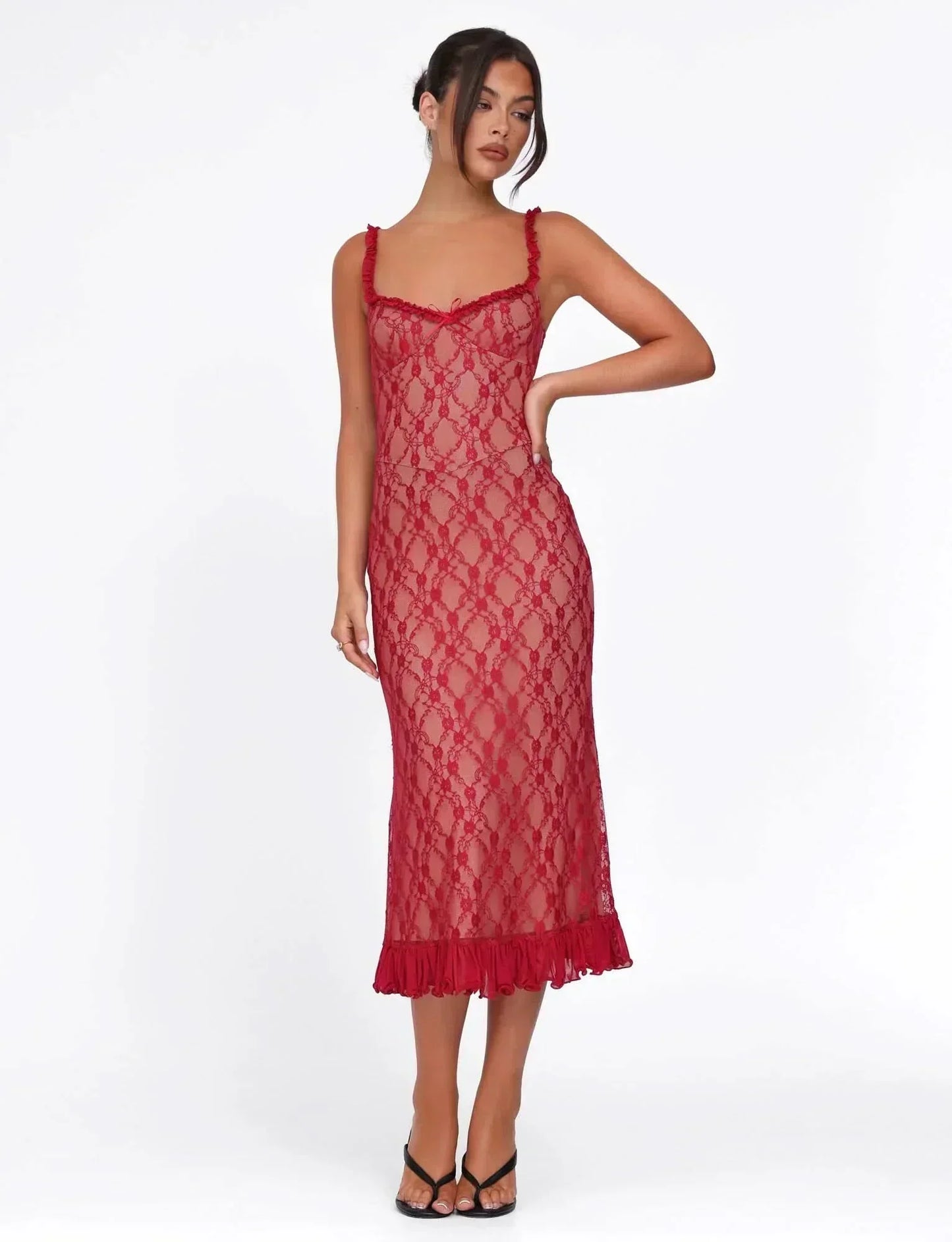 Floral Lace Ruffled Sweetheart Neckline Ruffle Strap Bodycon Midi Dress