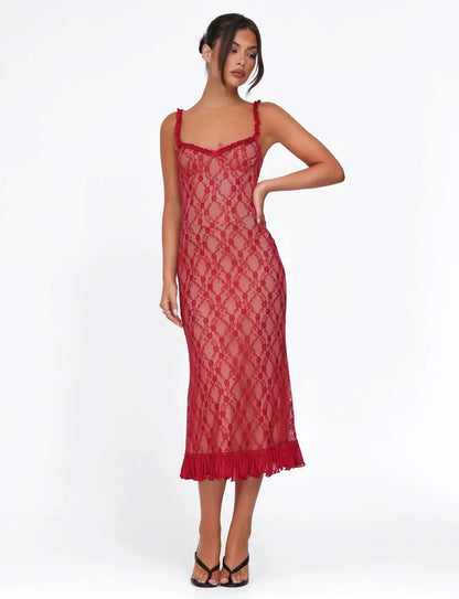 Floral Lace Ruffled Sweetheart Neckline Ruffle Strap Bodycon Midi Dress