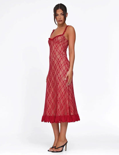 Floral Lace Ruffled Sweetheart Neckline Ruffle Strap Bodycon Midi Dress