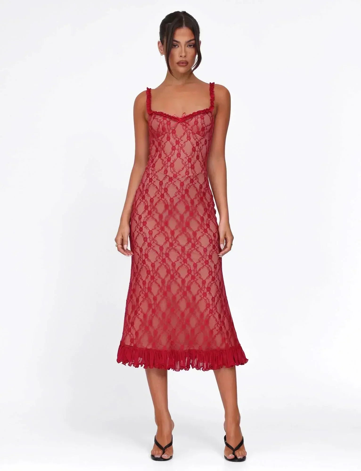 Floral Lace Ruffled Sweetheart Neckline Ruffle Strap Bodycon Midi Dress