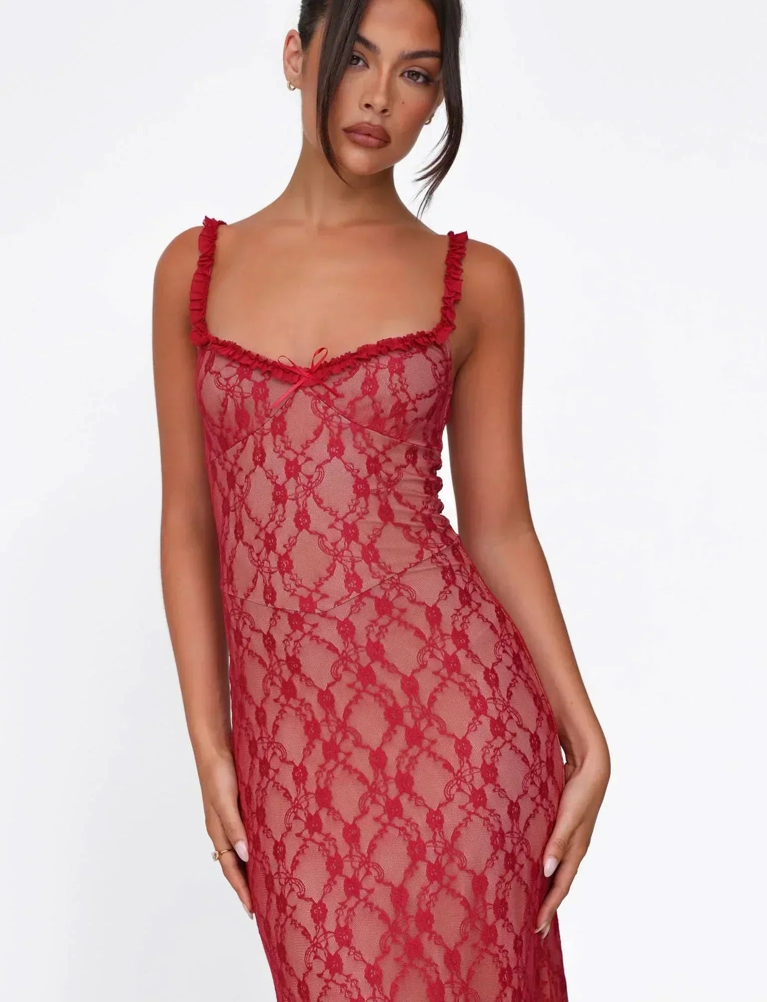 Floral Lace Ruffled Sweetheart Neckline Ruffle Strap Bodycon Midi Dress