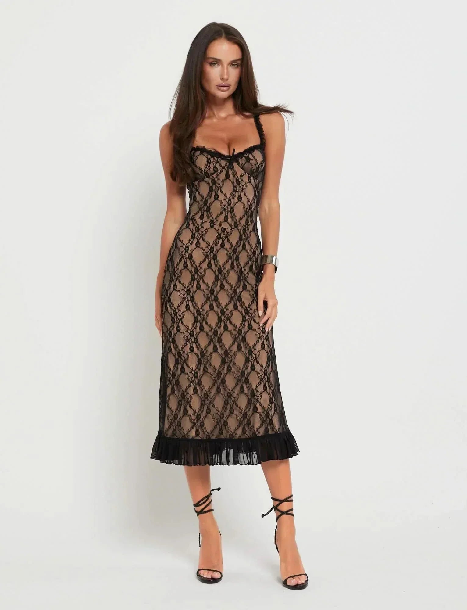 Floral Lace Ruffled Sweetheart Neckline Ruffle Strap Bodycon Midi Dress