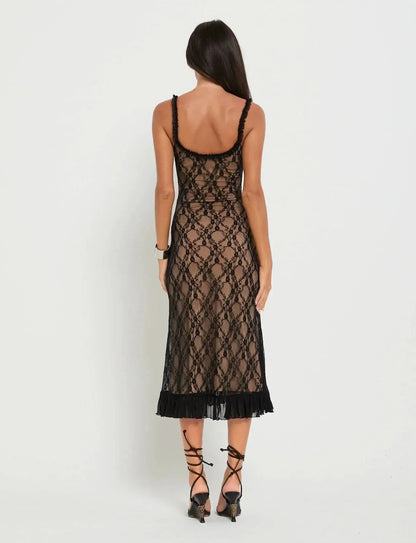 Floral Lace Ruffled Sweetheart Neckline Ruffle Strap Bodycon Midi Dress