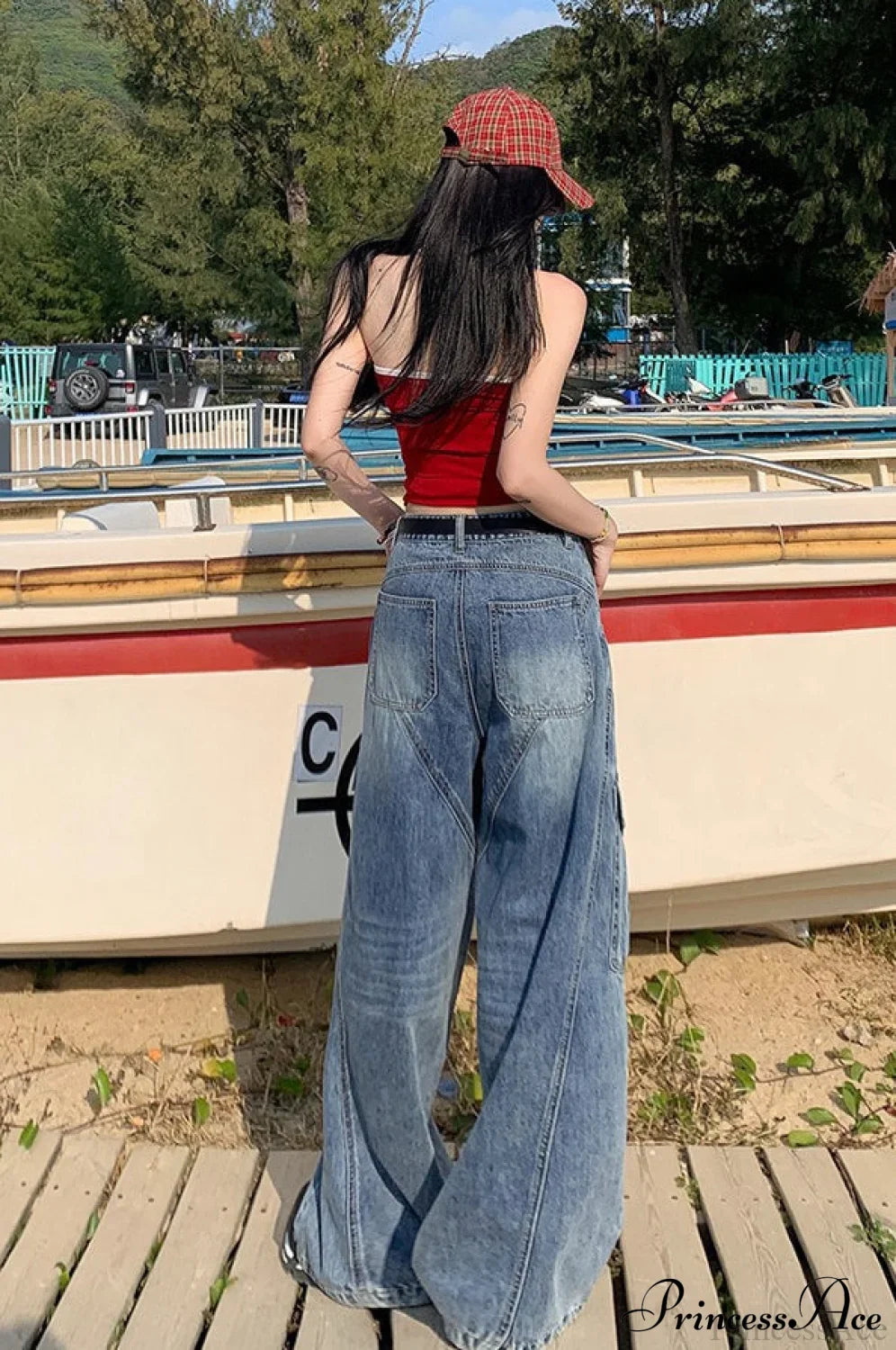 Denim Diagonal Split Wide Leg Cargo Pants