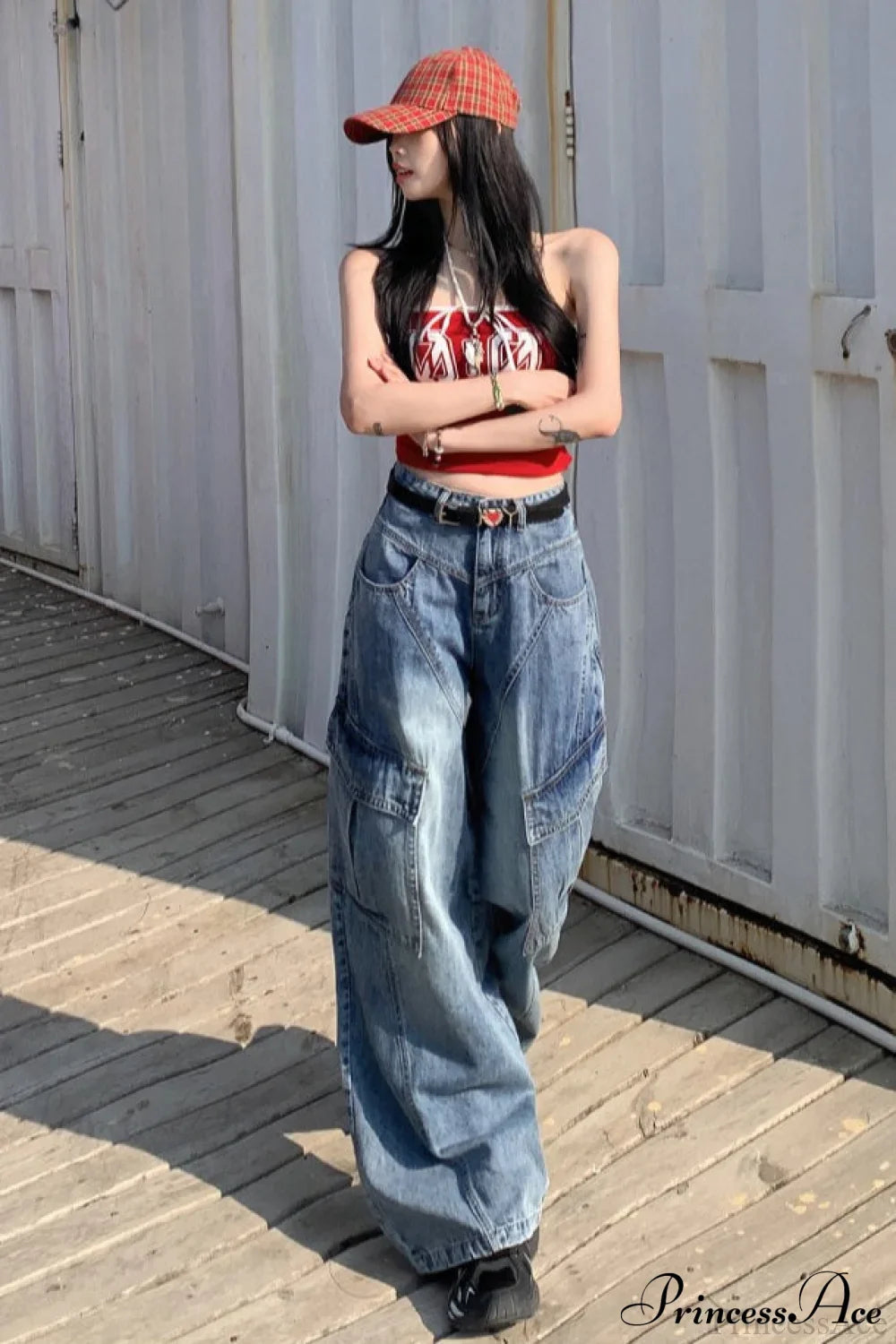 Denim Diagonal Split Wide Leg Cargo Pants
