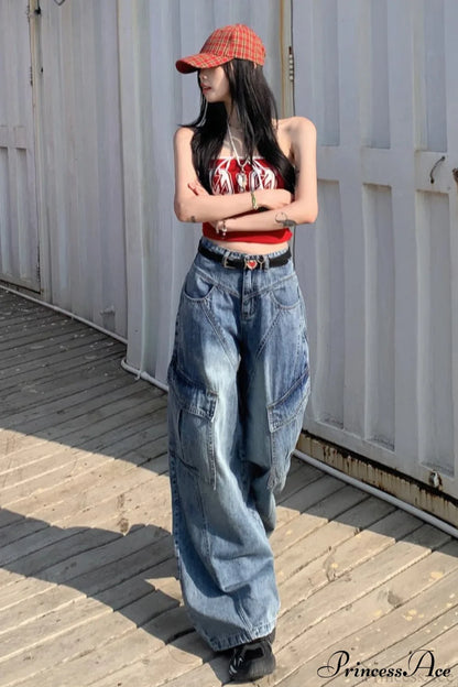 Denim Diagonal Split Wide Leg Cargo Pants