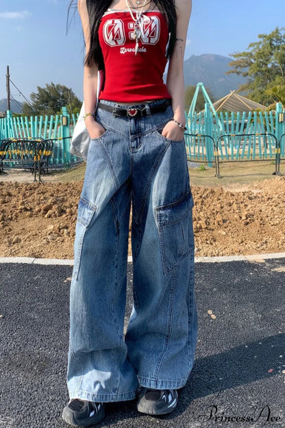Denim Diagonal Split Wide Leg Cargo Pants