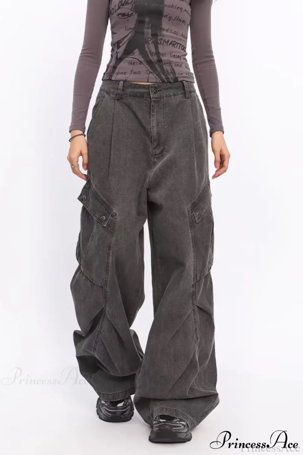 Denim Large Pocket Wide-Leg Cargo Pants