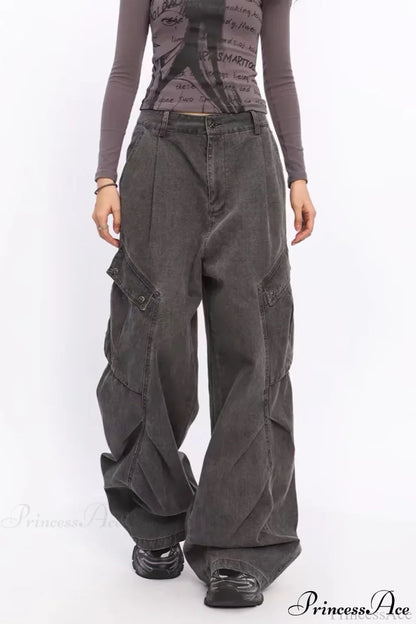 Denim Large Pocket Wide-Leg Cargo Pants