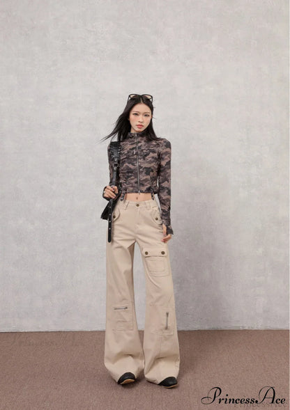 Denim Multi-Pocket High Waist Flared Cargo Pants